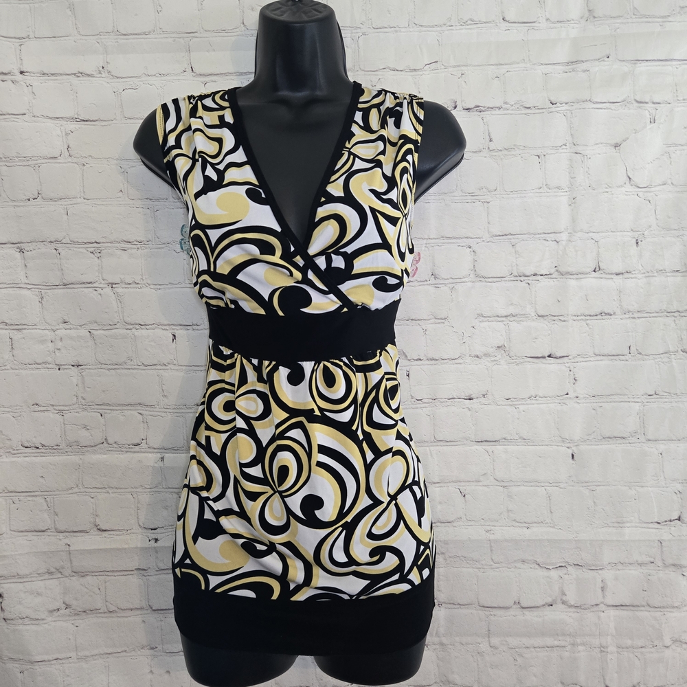 Perception Concepts 90's Y2K Abstract V Neck Babydoll Milkmaid Top M Yellow